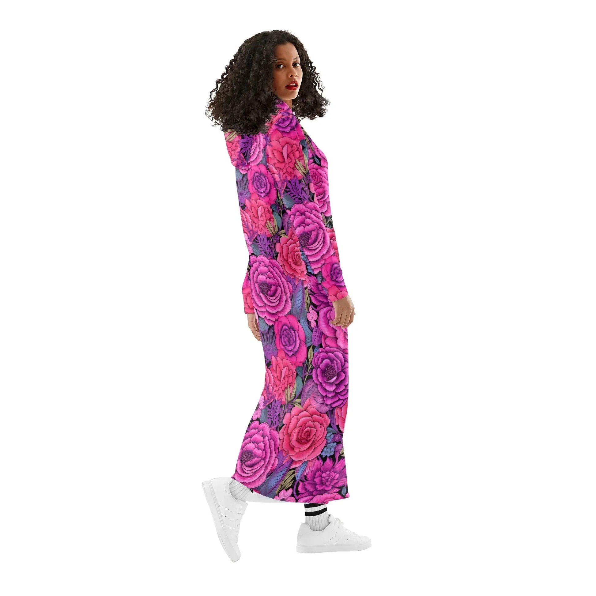 pink-flowers-damen-maxi-hoodiekleid-knochellanges-kapuzenkleid-aus-weich-angerautem-fleece-hoodiekleid-jlr-design-3 - JLR Design