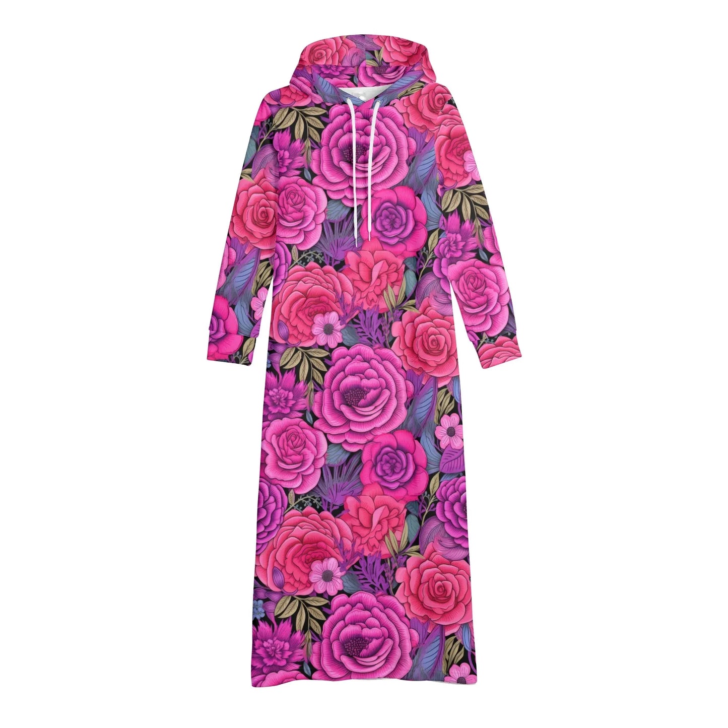 pink-flowers-damen-maxi-hoodiekleid-knochellanges-kapuzenkleid-aus-weich-angerautem-fleece-hoodiekleid-jlr-design-4 - JLR Design