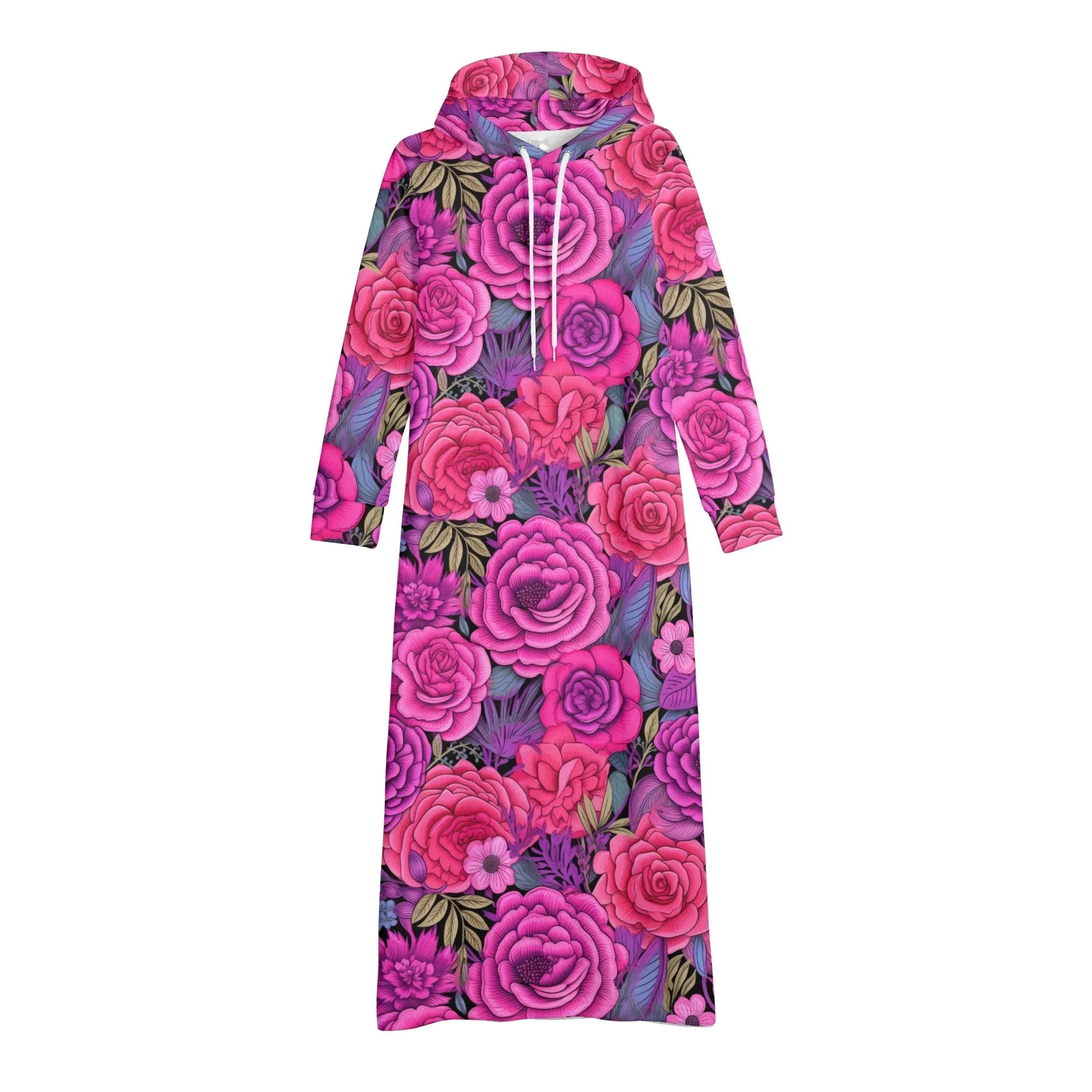 pink-flowers-damen-maxi-hoodiekleid-knochellanges-kapuzenkleid-aus-weich-angerautem-fleece-hoodiekleid-jlr-design-4 - JLR Design