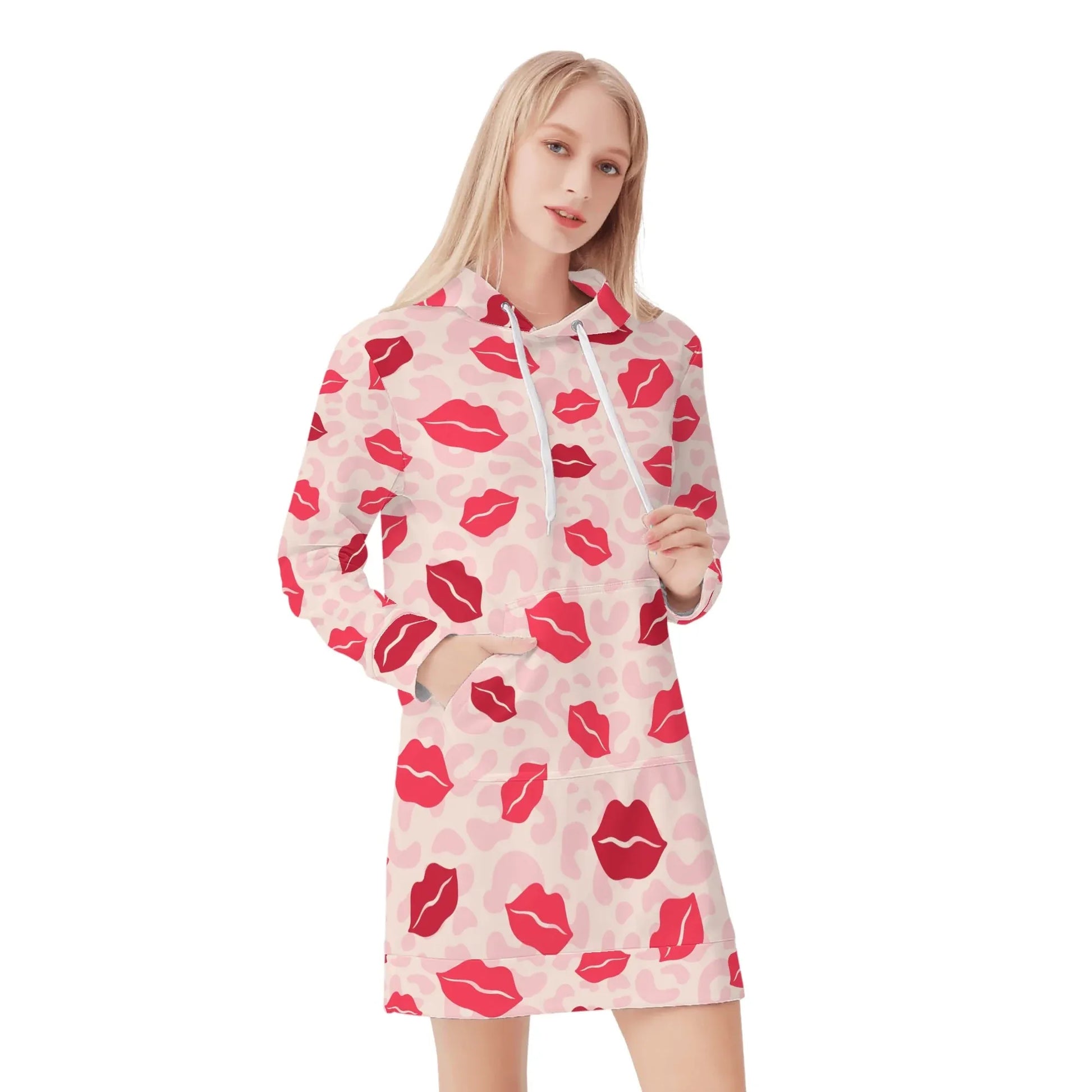 pink-lips-damen-hoodiekleid-warmes-velvet-kapuzenkleid-aus-weichem-samt-fleece-hoodiekleid-jlr-design-1 - JLR Design