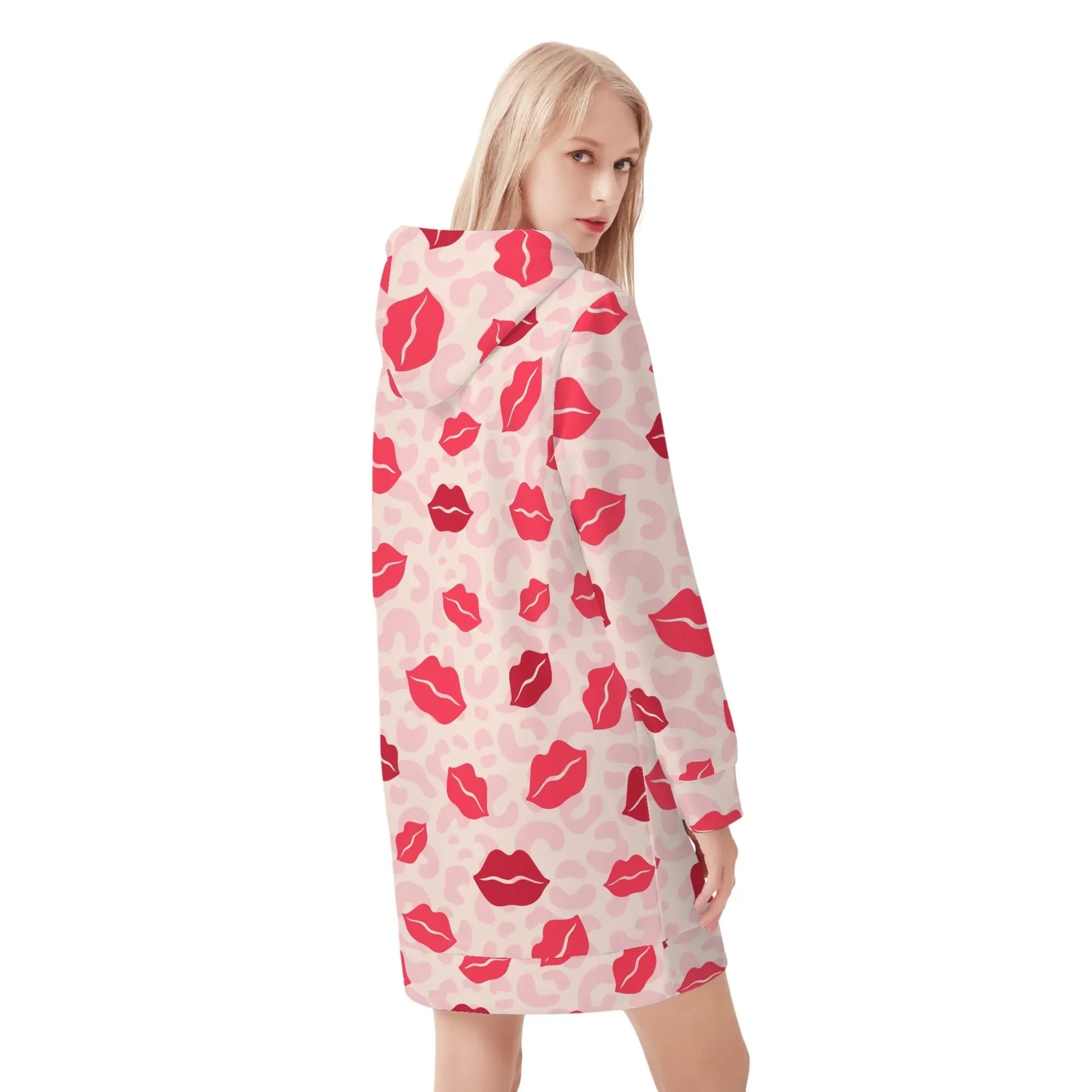 pink-lips-damen-hoodiekleid-warmes-velvet-kapuzenkleid-aus-weichem-samt-fleece-hoodiekleid-jlr-design-2 - JLR Design