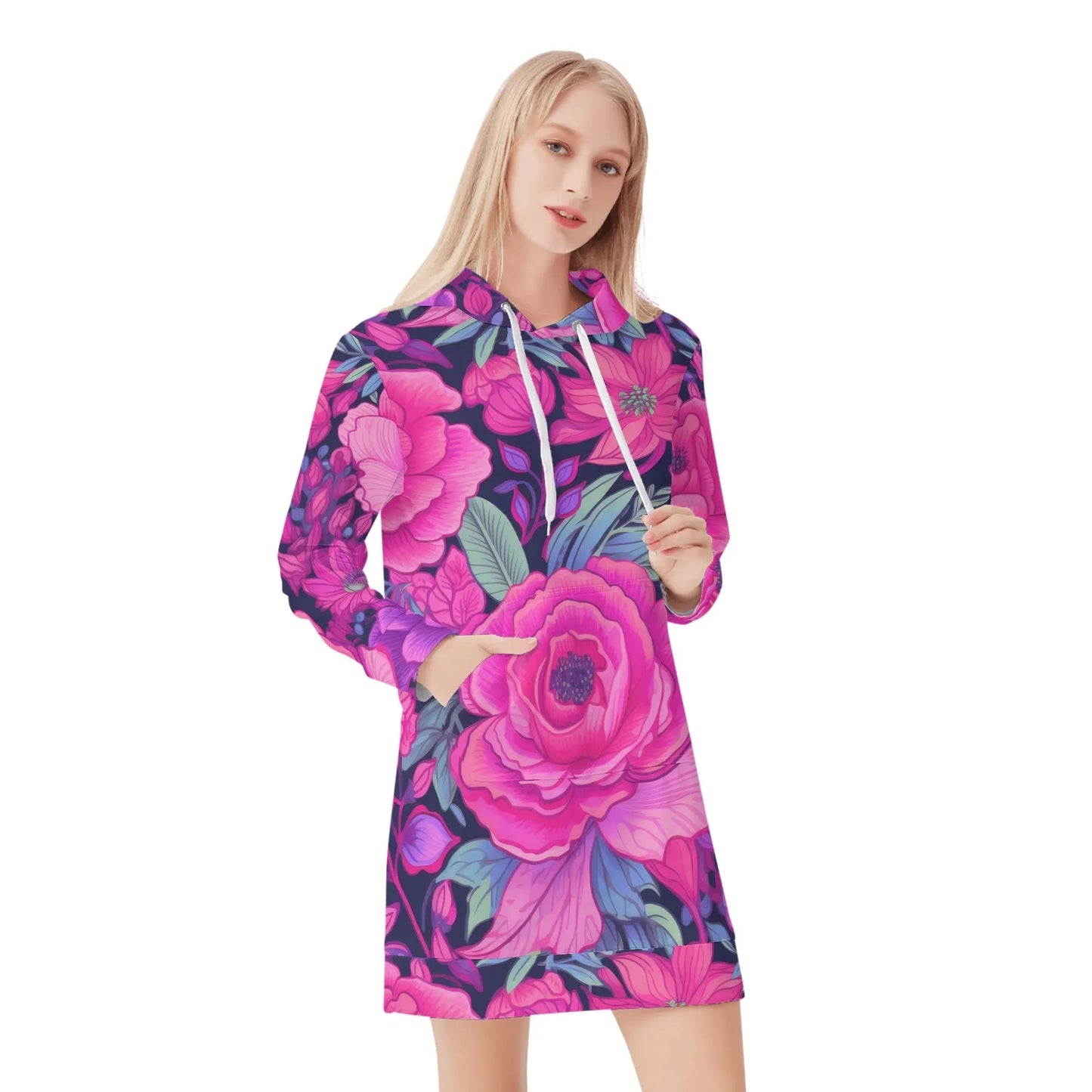 pink-rose-damen-hoodiekleid-warmes-velvet-kapuzenkleid-aus-weichem-samt-fleece-hoodiekleid-jlr-design-1 - JLR Design