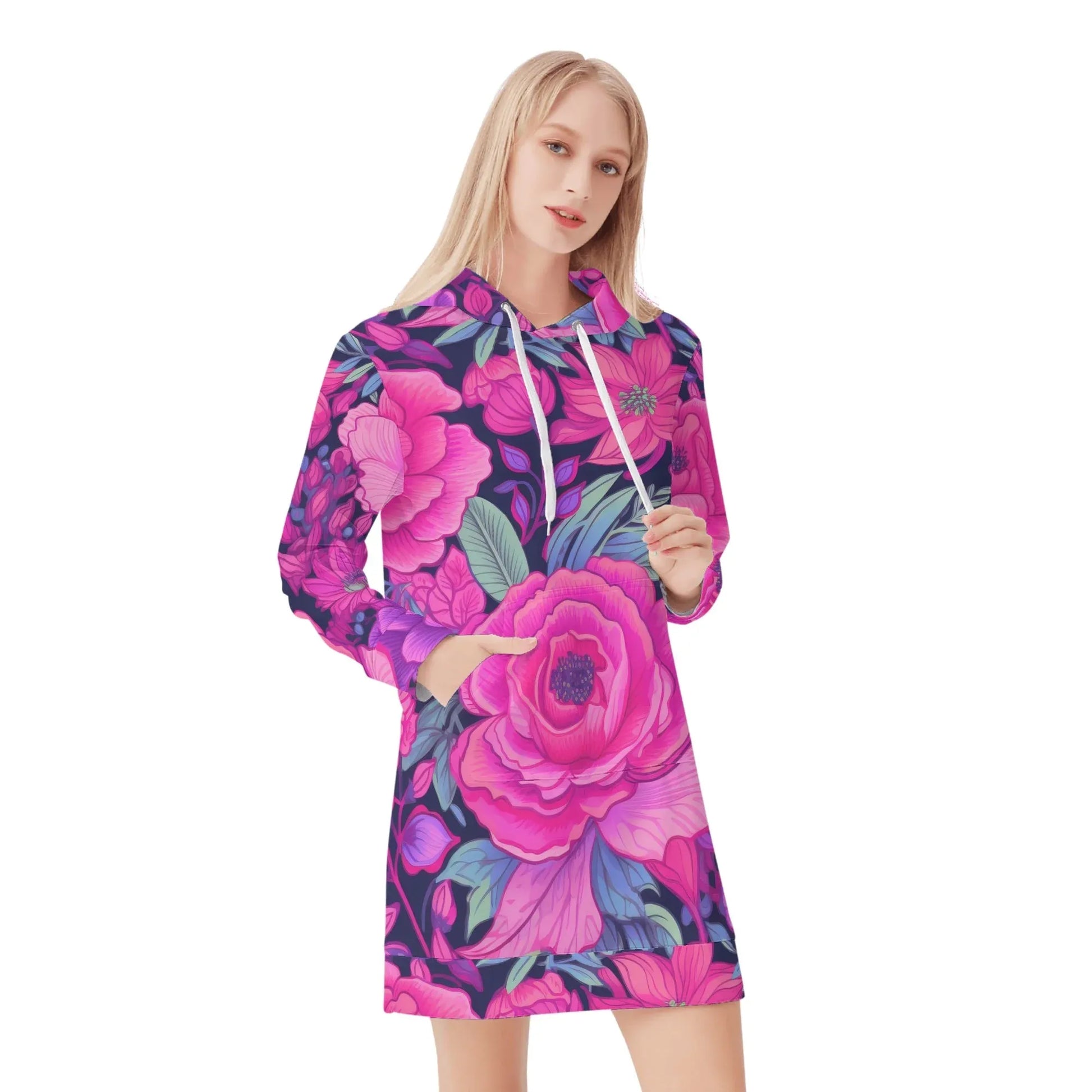 pink-rose-damen-hoodiekleid-warmes-velvet-kapuzenkleid-aus-weichem-samt-fleece-hoodiekleid-jlr-design-1 - JLR Design