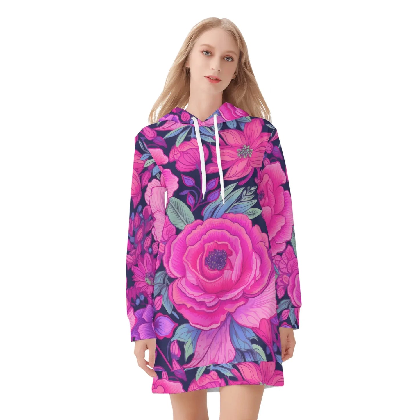 pink-rose-damen-hoodiekleid-warmes-velvet-kapuzenkleid-aus-weichem-samt-fleece-hoodiekleid-jlr-design-3 - JLR Design