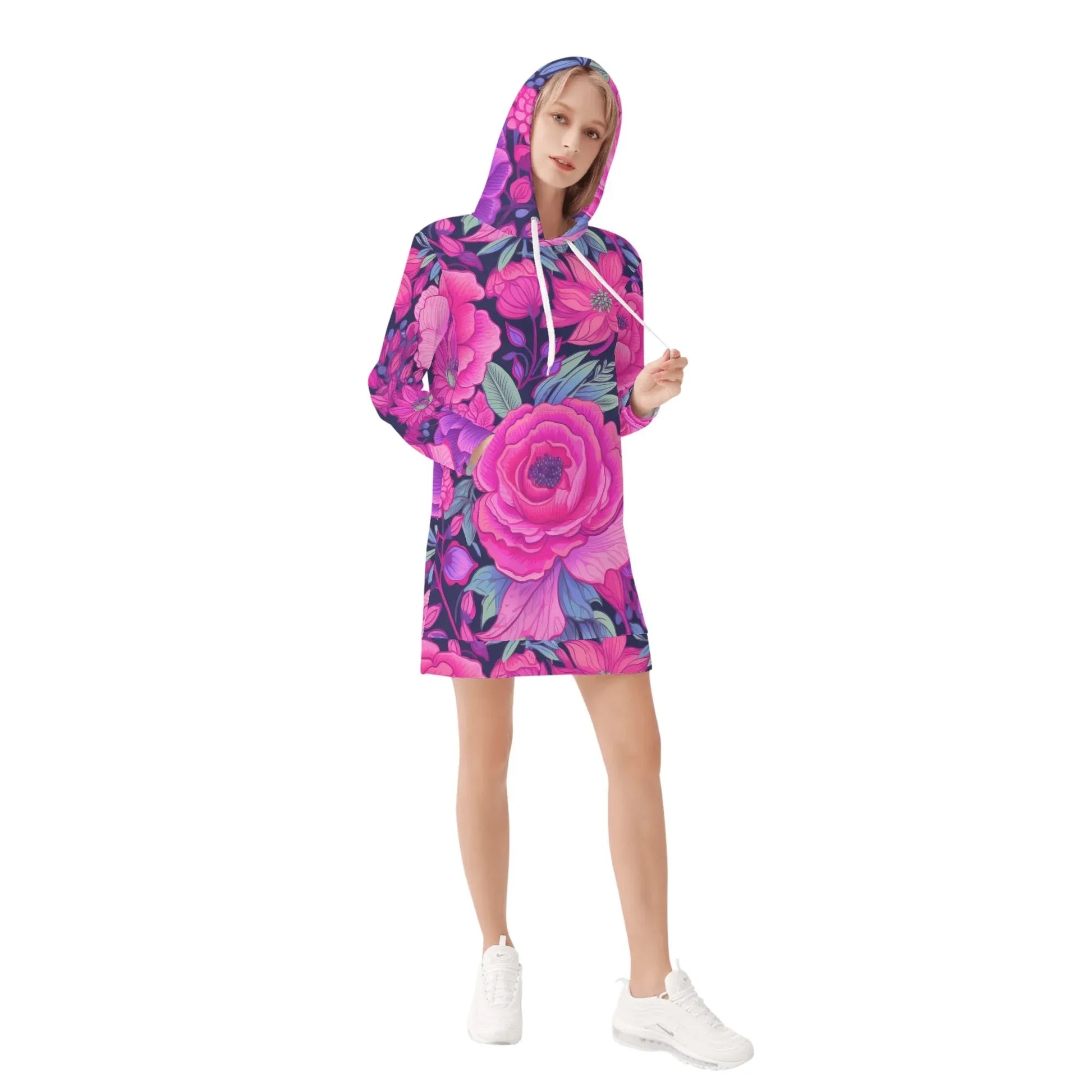 pink-rose-damen-hoodiekleid-warmes-velvet-kapuzenkleid-aus-weichem-samt-fleece-hoodiekleid-jlr-design-4 - JLR Design