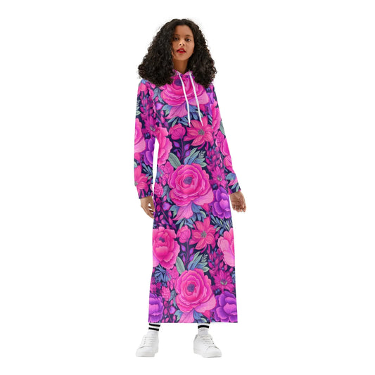 pink-rose-damen-maxi-hoodiekleid-knochellanges-kapuzenkleid-aus-weich-angerautem-fleece-hoodiekleid-jlr-design-1 - JLR Design