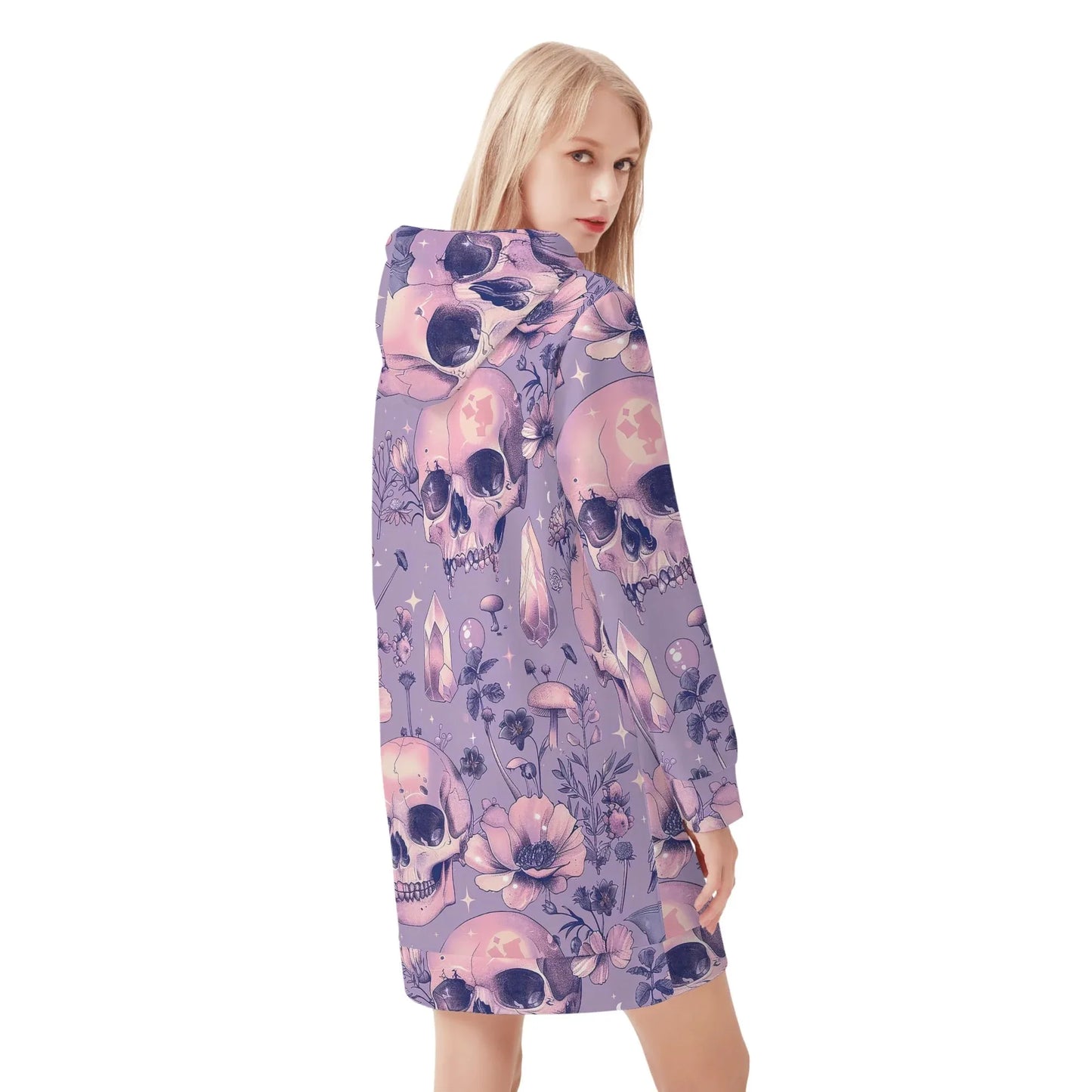 pink-skull-v1-damen-hoodiekleid-warmes-velvet-kapuzenkleid-aus-weichem-samt-fleece-hoodiekleid-jlr-design-2 - JLR Design