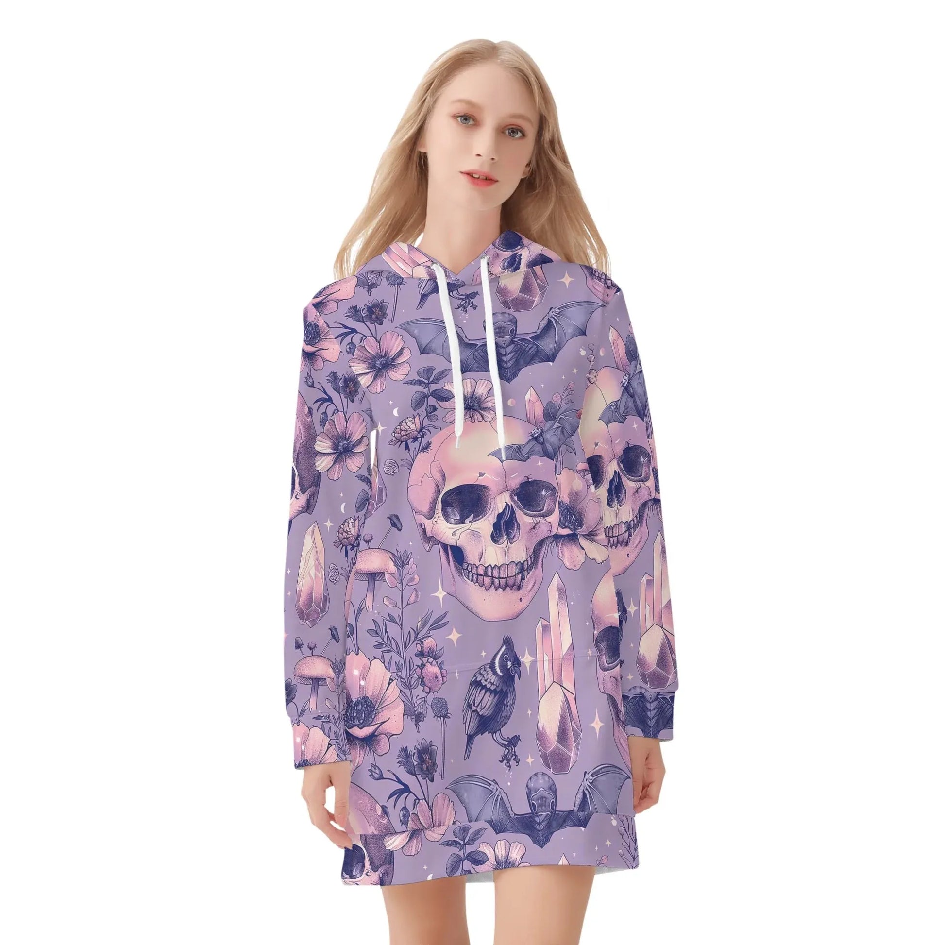 pink-skull-v1-damen-hoodiekleid-warmes-velvet-kapuzenkleid-aus-weichem-samt-fleece-hoodiekleid-jlr-design-3 - JLR Design