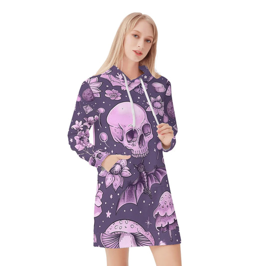 pink-skull-v2-damen-hoodiekleid-warmes-velvet-kapuzenkleid-aus-weichem-samt-fleece-hoodiekleid-jlr-design-1 - JLR Design