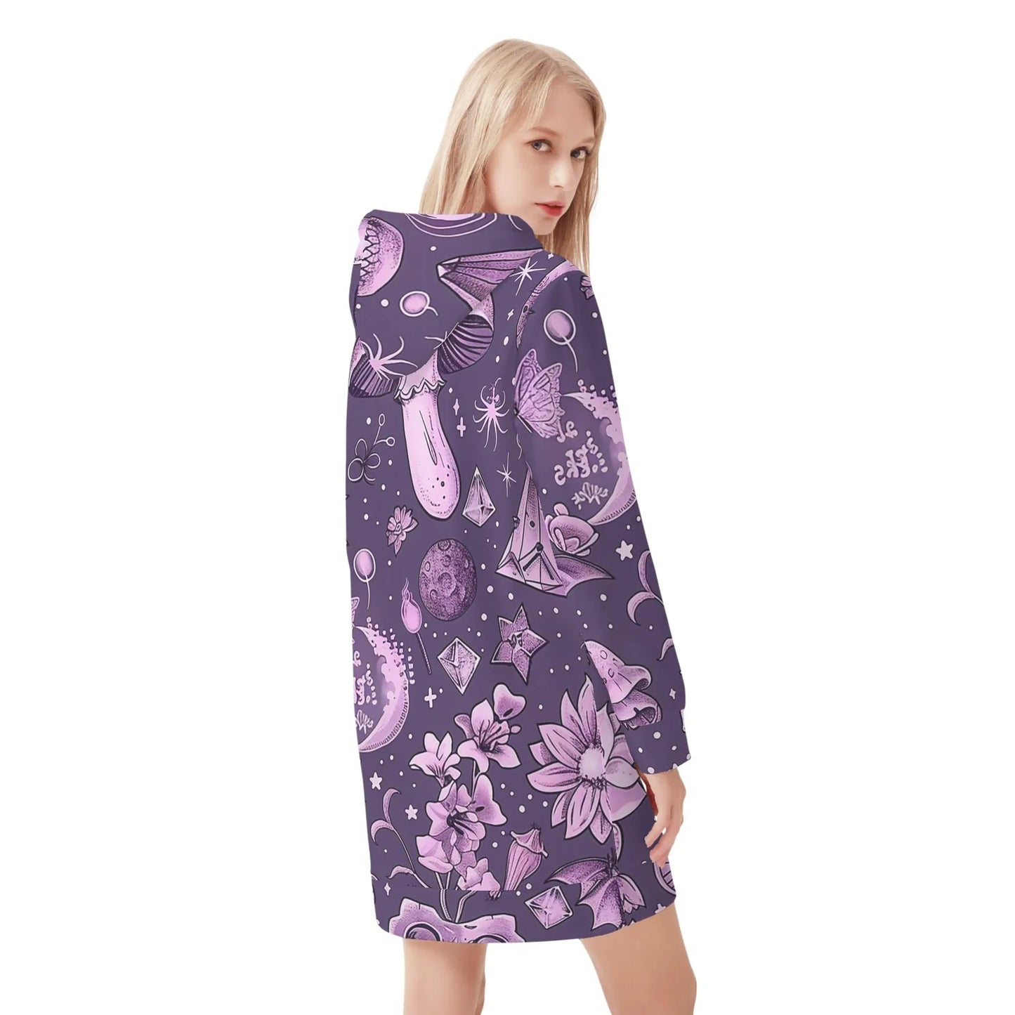 pink-skull-v2-damen-hoodiekleid-warmes-velvet-kapuzenkleid-aus-weichem-samt-fleece-hoodiekleid-jlr-design-2 - JLR Design