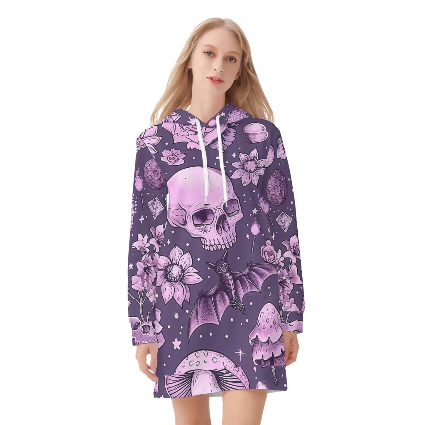 pink-skull-v2-damen-hoodiekleid-warmes-velvet-kapuzenkleid-aus-weichem-samt-fleece-hoodiekleid-jlr-design-3 - JLR Design