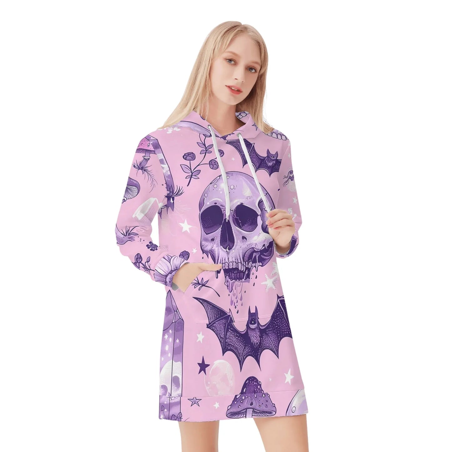 pink-skull-v3-damen-hoodiekleid-warmes-velvet-kapuzenkleid-aus-weichem-samt-fleece-hoodiekleid-jlr-design-1 - JLR Design