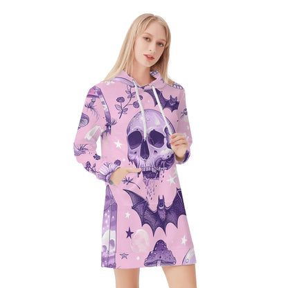pink-skull-v3-damen-hoodiekleid-warmes-velvet-kapuzenkleid-aus-weichem-samt-fleece-hoodiekleid-jlr-design-1 - JLR Design