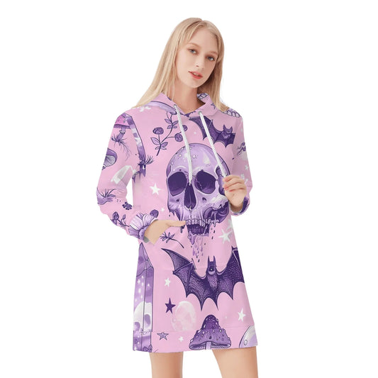 pink-skull-v3-damen-hoodiekleid-warmes-velvet-kapuzenkleid-aus-weichem-samt-fleece-hoodiekleid-jlr-design-1 - JLR Design