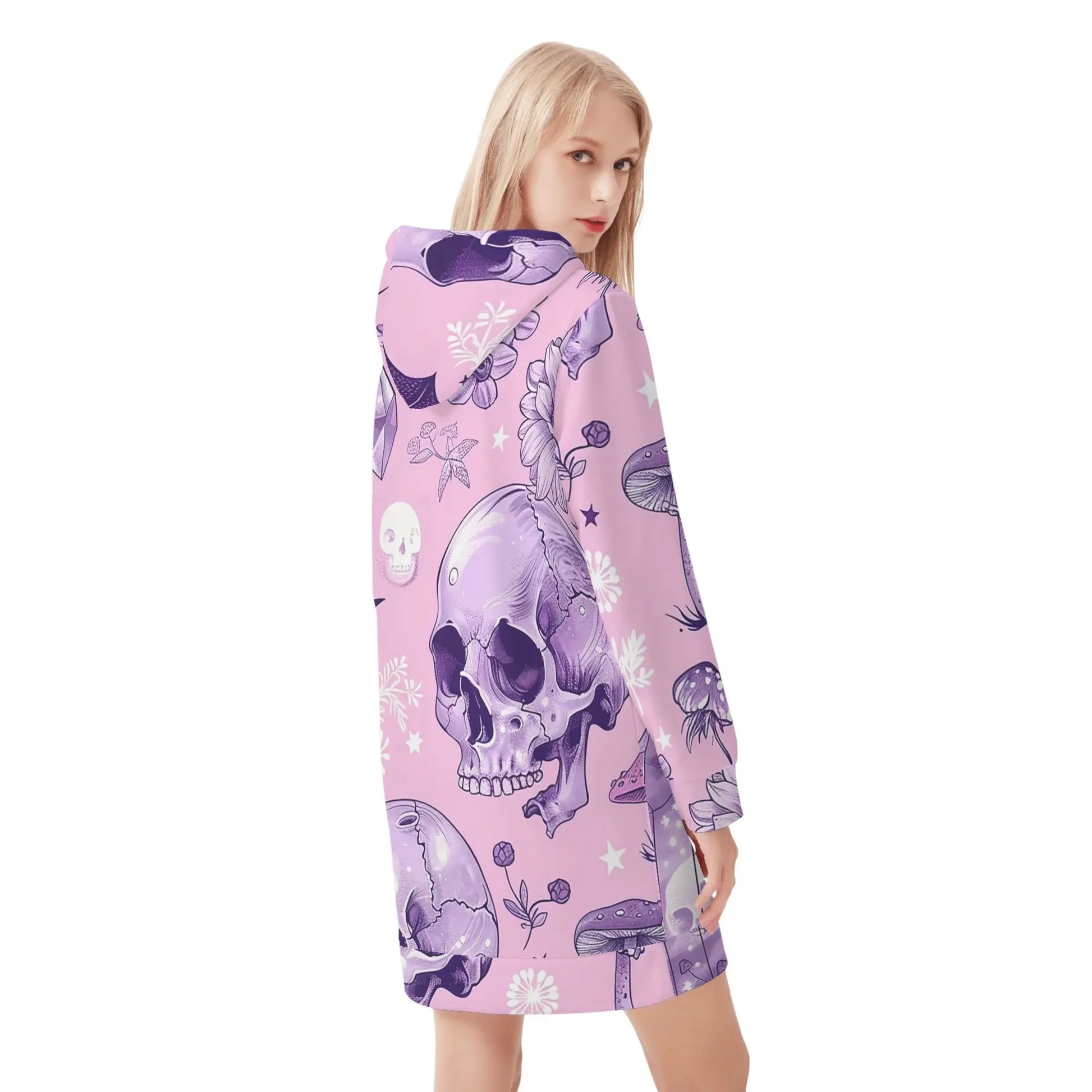 pink-skull-v3-damen-hoodiekleid-warmes-velvet-kapuzenkleid-aus-weichem-samt-fleece-hoodiekleid-jlr-design-2 - JLR Design