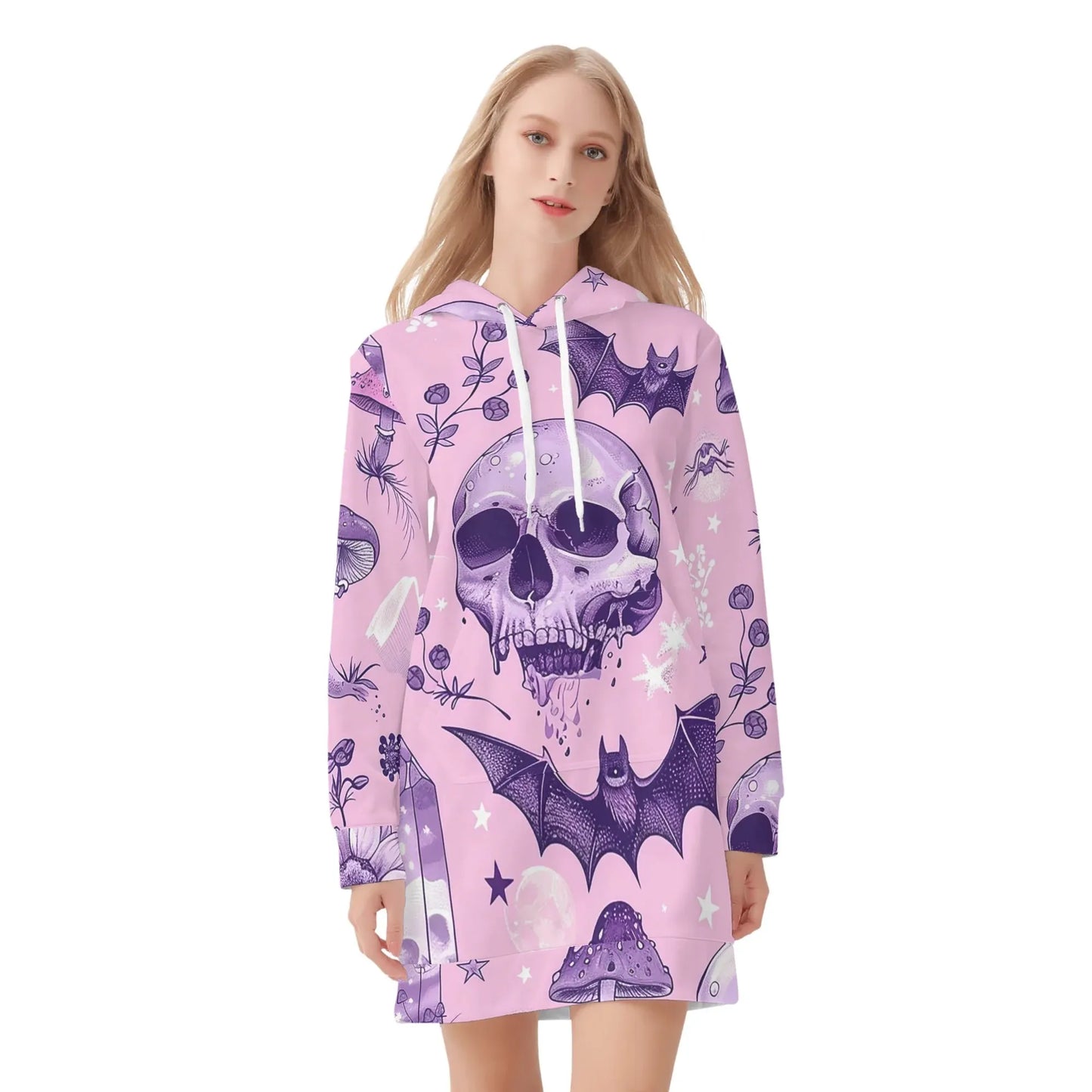 pink-skull-v3-damen-hoodiekleid-warmes-velvet-kapuzenkleid-aus-weichem-samt-fleece-hoodiekleid-jlr-design-3 - JLR Design