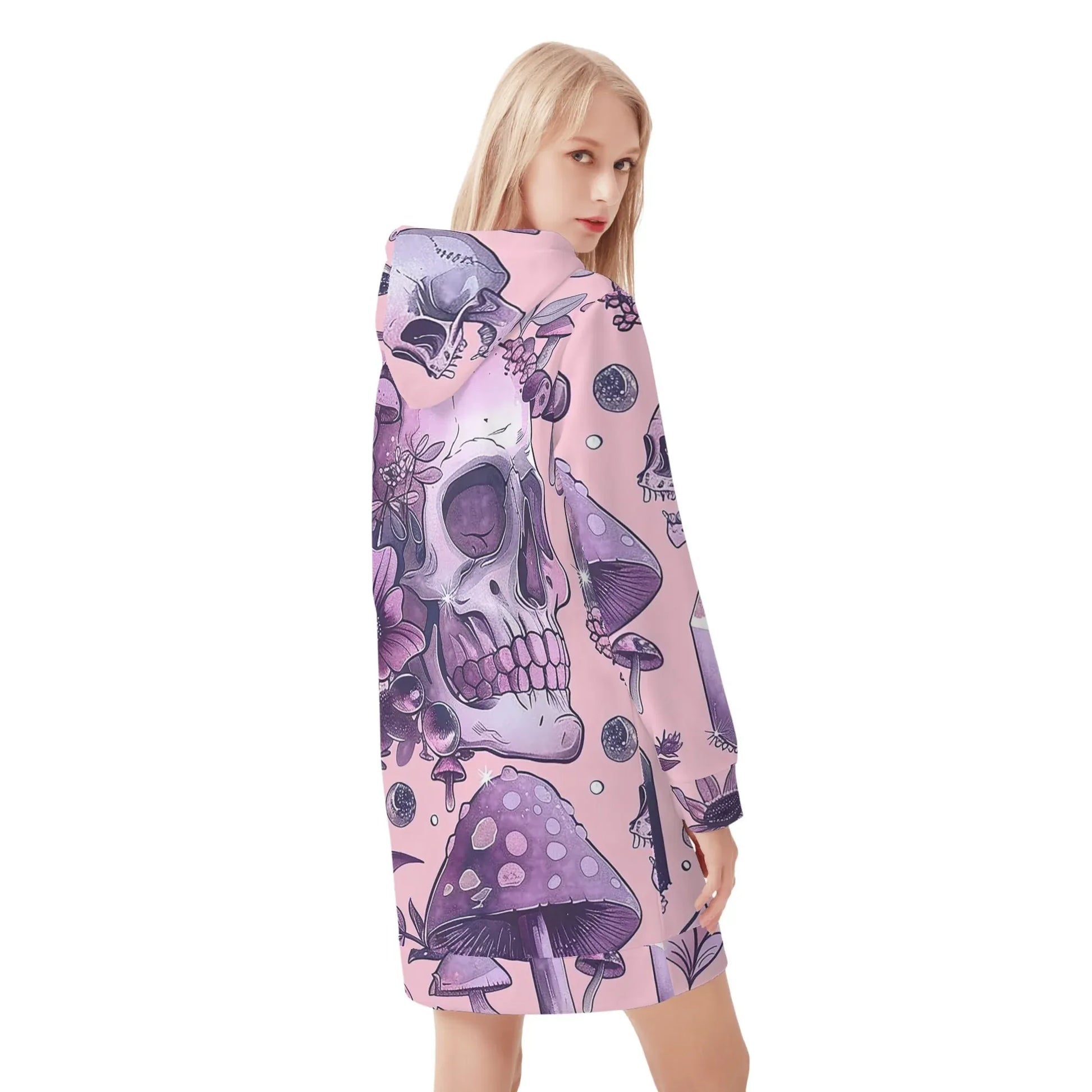 pink-skull-v4-damen-hoodiekleid-warmes-velvet-kapuzenkleid-aus-weichem-samt-fleece-hoodiekleid-jlr-design-2 - JLR Design