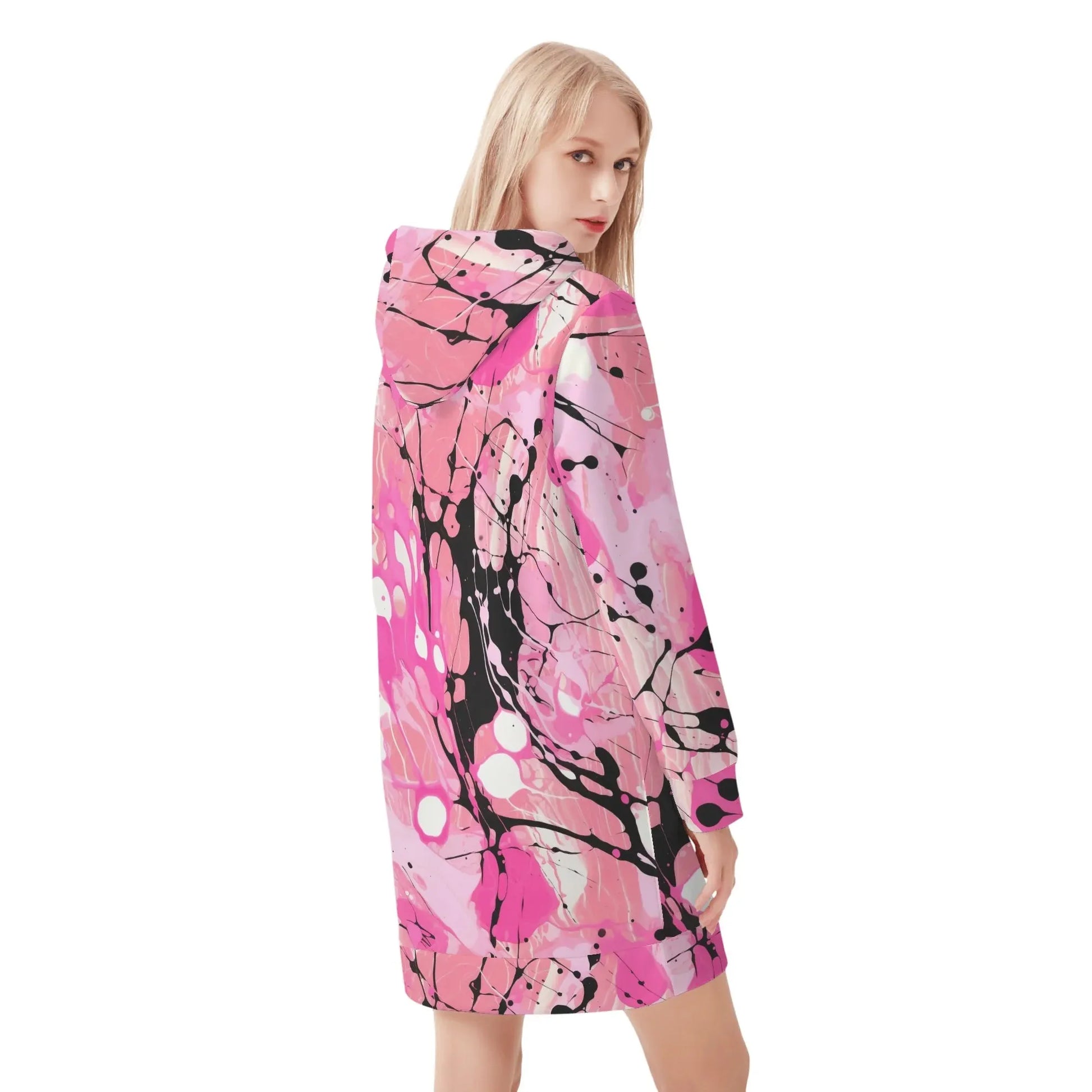 pink-splash-damen-hoodiekleid-warmes-velvet-kapuzenkleid-aus-weichem-samt-fleece-hoodiekleid-jlr-design-2 - JLR Design