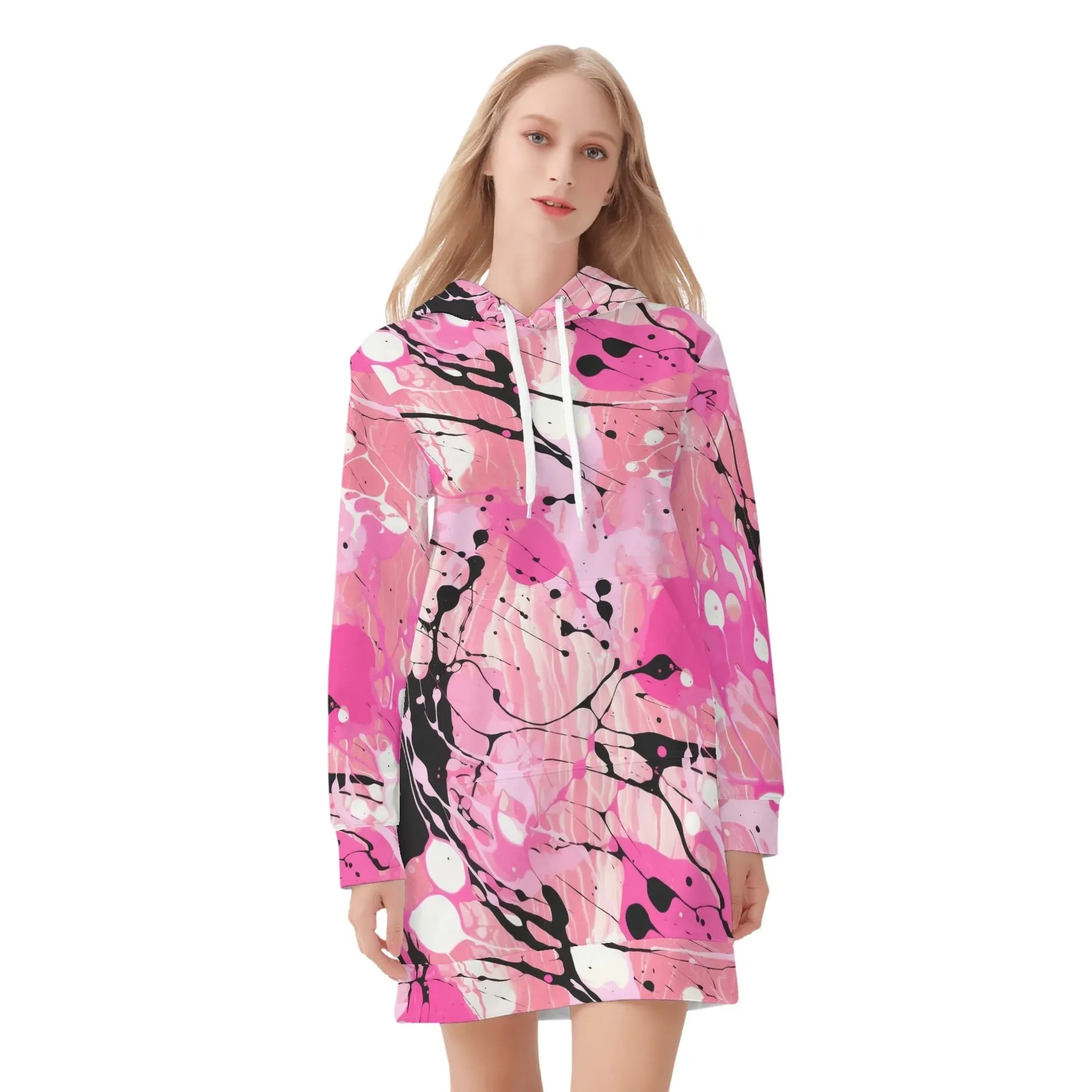 pink-splash-damen-hoodiekleid-warmes-velvet-kapuzenkleid-aus-weichem-samt-fleece-hoodiekleid-jlr-design-3 - JLR Design