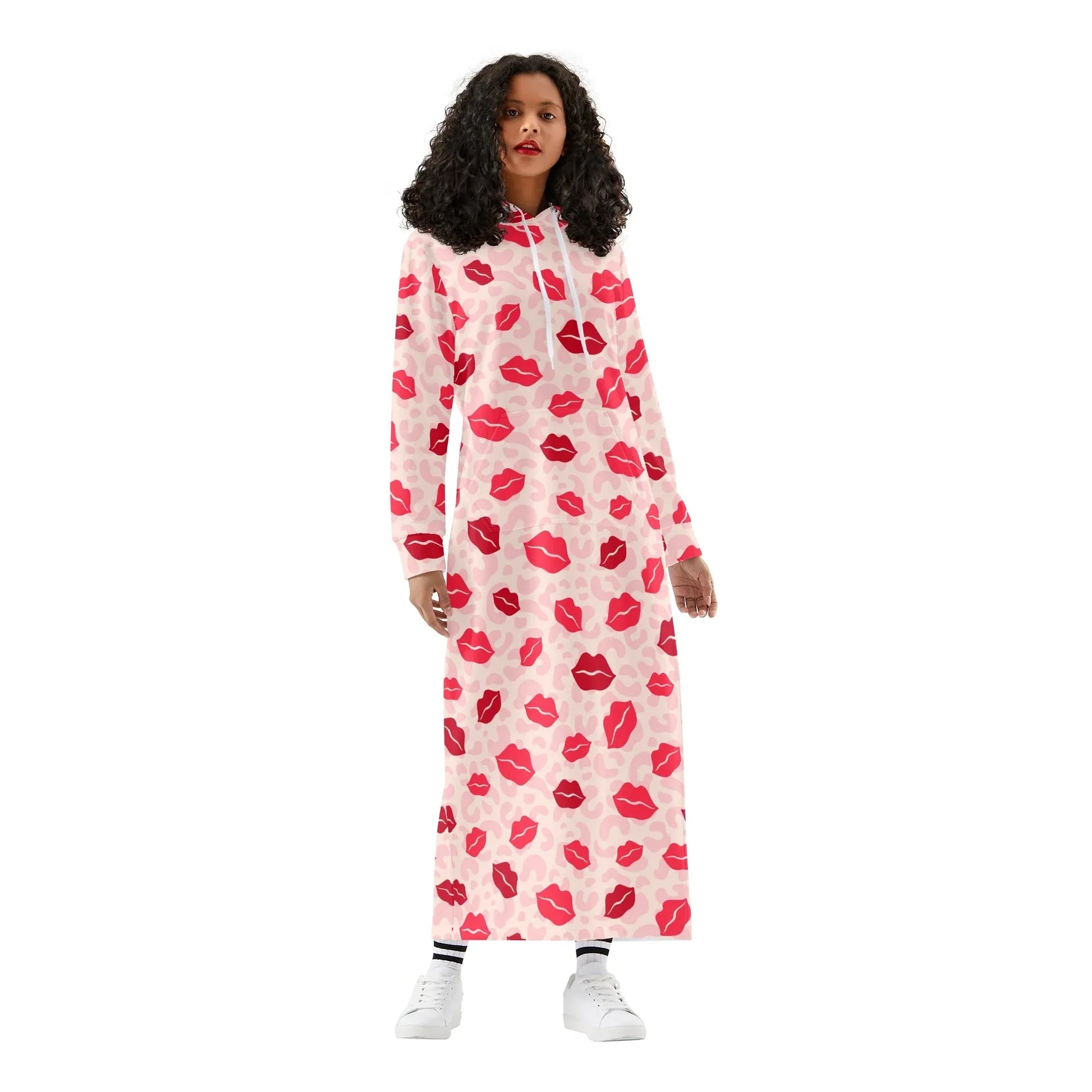 red-lips-damen-maxi-hoodiekleid-knochellanges-kapuzenkleid-aus-weich-angerautem-fleece-hoodiekleid-jlr-design-1 - JLR Design