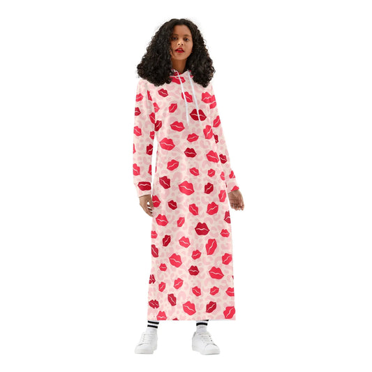 red-lips-damen-maxi-hoodiekleid-knochellanges-kapuzenkleid-aus-weich-angerautem-fleece-hoodiekleid-jlr-design-1 - JLR Design