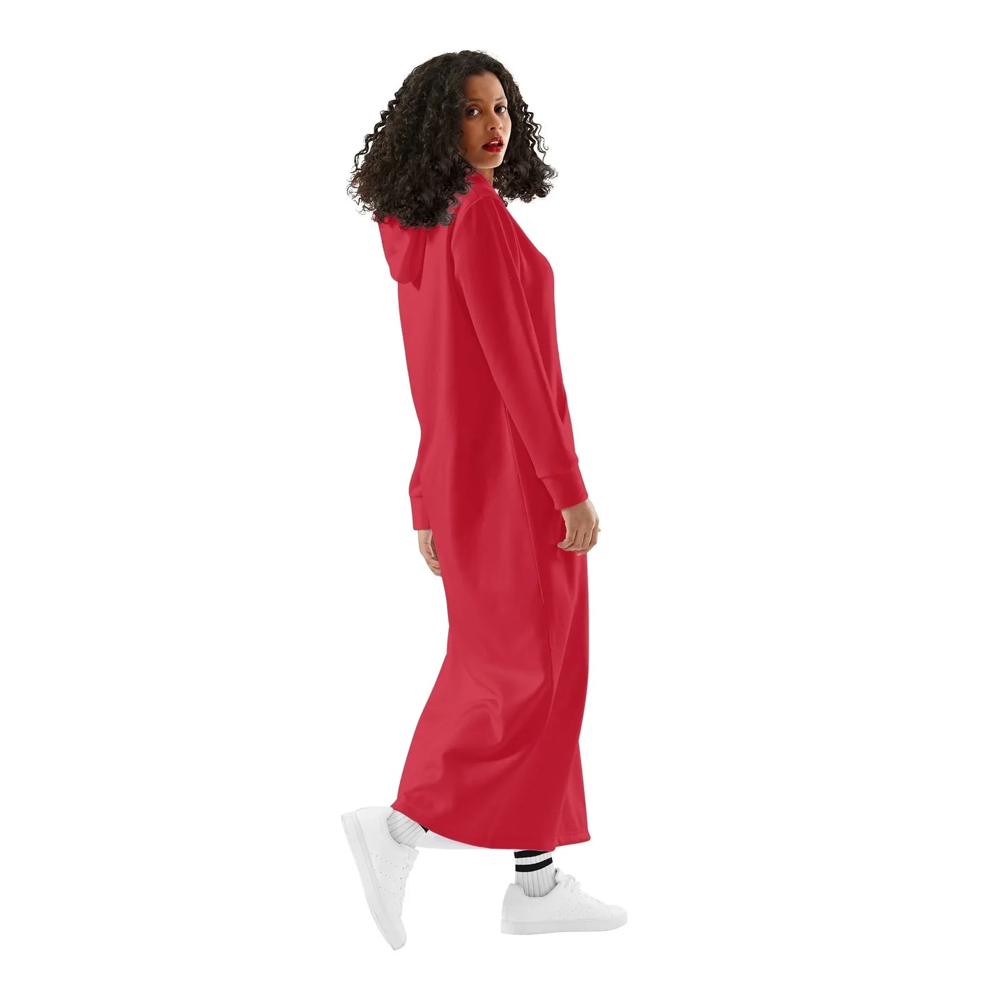 rotes-damen-maxi-hoodiekleid-knochellanges-kapuzenkleid-aus-weich-angerautem-fleece-hoodiekleid-jlr-design-3 - JLR Design