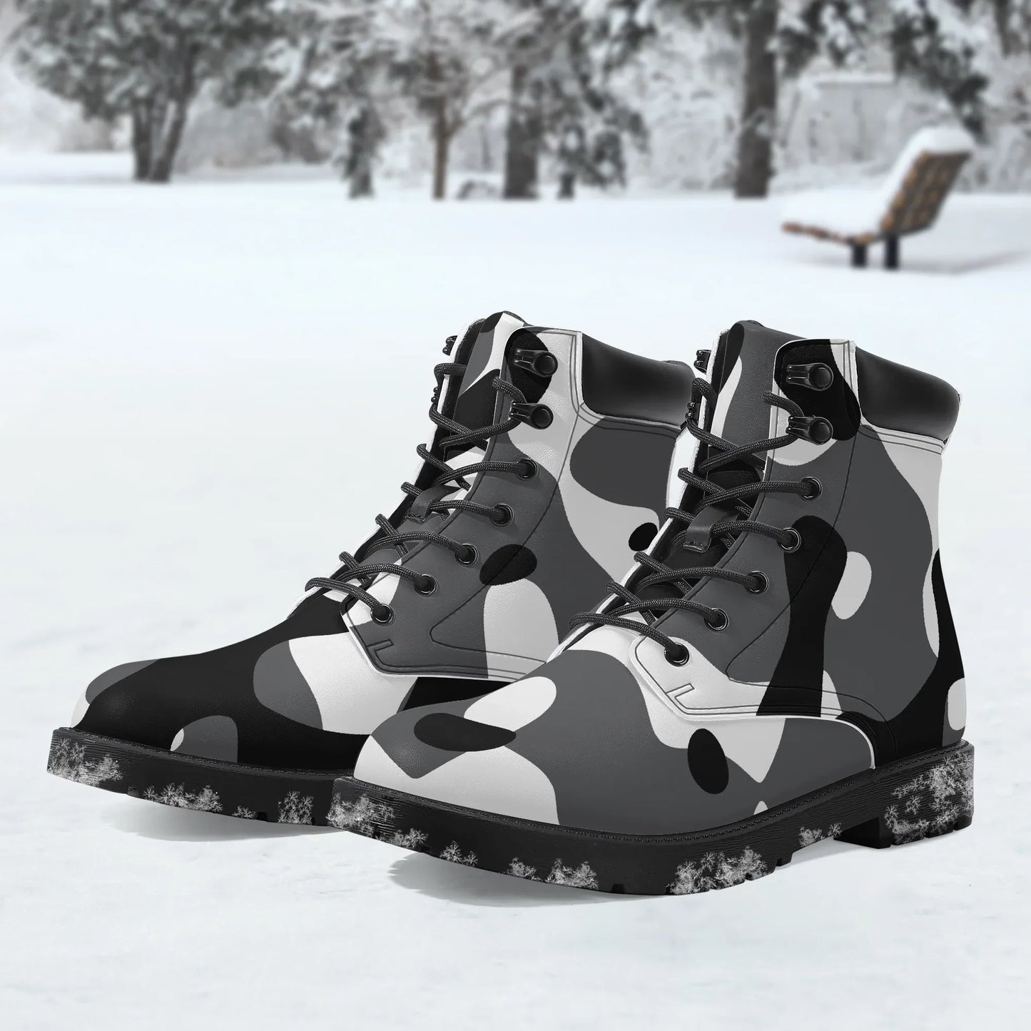 schwarz-weiss-camouflage-leder-boots-or-stylische-und-warme-winterstiefel-boots-jlr-design-1 - JLR Design