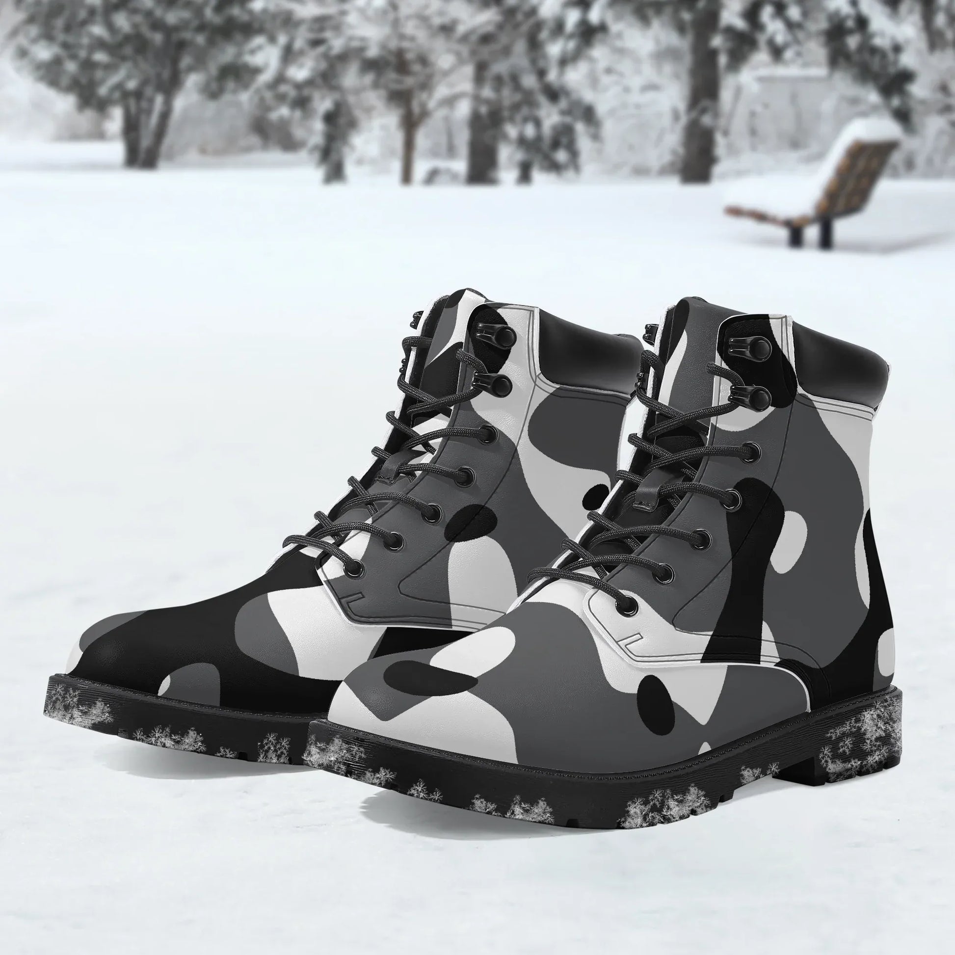 schwarz-weiss-camouflage-leder-boots-or-stylische-und-warme-winterstiefel-boots-jlr-design-1 - JLR Design