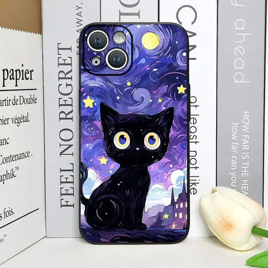 schwarze-katze-unterm-sternenhimmel-fur-iphone-case-7-8-11-12-13-14-15-16-minipluspropromax-handyhulle-jlr-design-1 - JLR Design