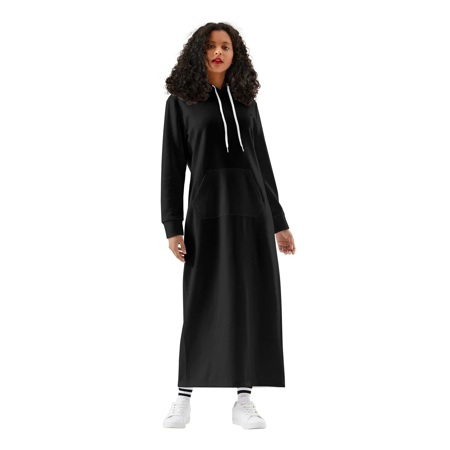 schwarzes-damen-maxi-hoodiekleid-knochellanges-kapuzenkleid-aus-weich-angerautem-fleece-hoodiekleid-jlr-design-1 - JLR Design