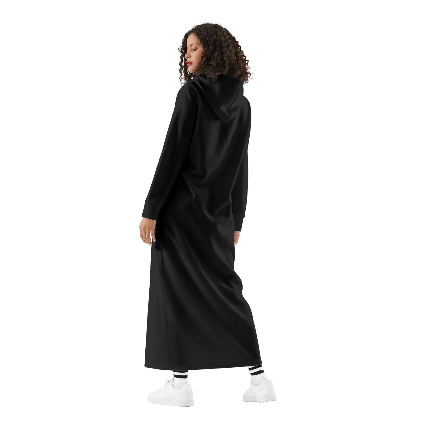 schwarzes-damen-maxi-hoodiekleid-knochellanges-kapuzenkleid-aus-weich-angerautem-fleece-hoodiekleid-jlr-design-2 - JLR Design