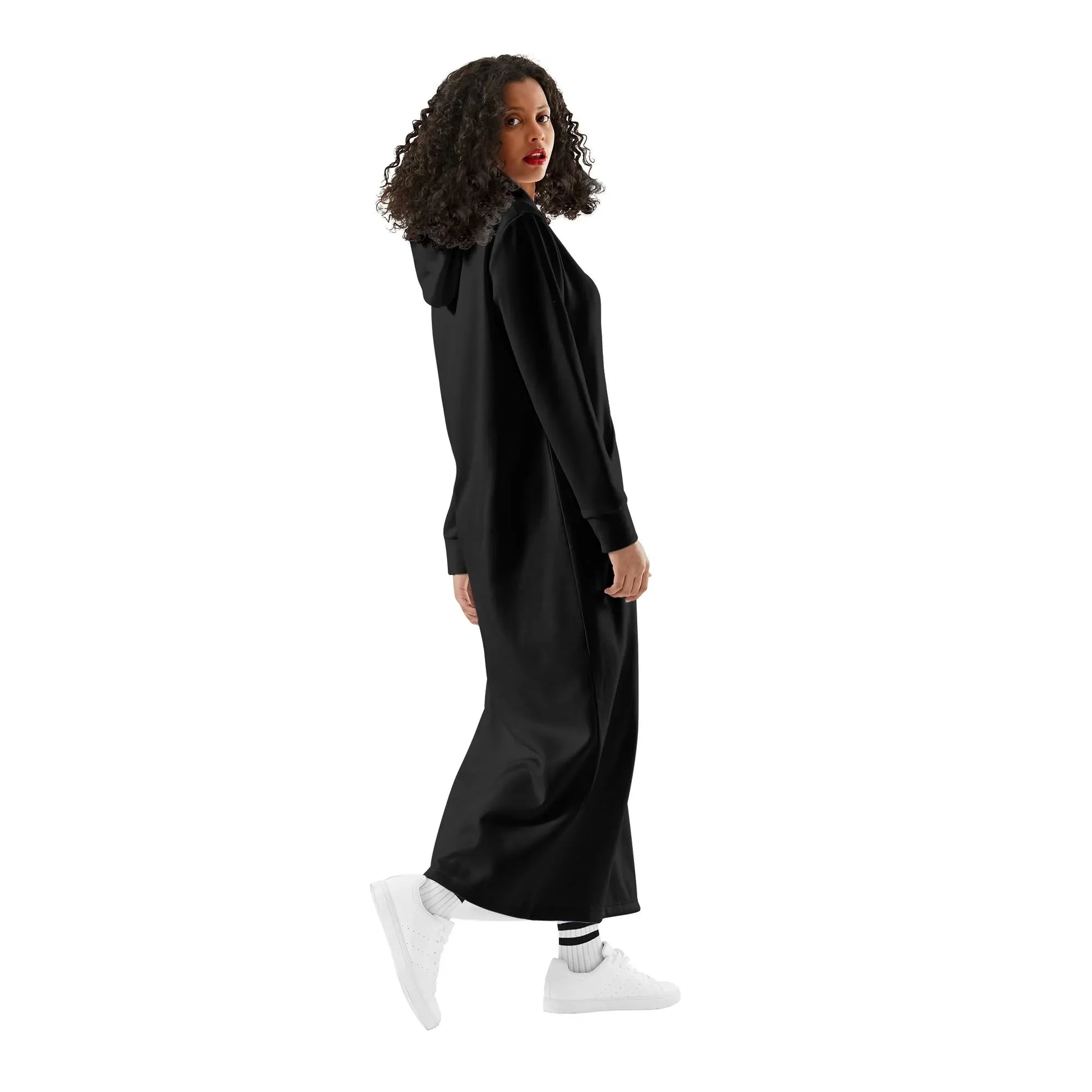schwarzes-damen-maxi-hoodiekleid-knochellanges-kapuzenkleid-aus-weich-angerautem-fleece-hoodiekleid-jlr-design-3 - JLR Design