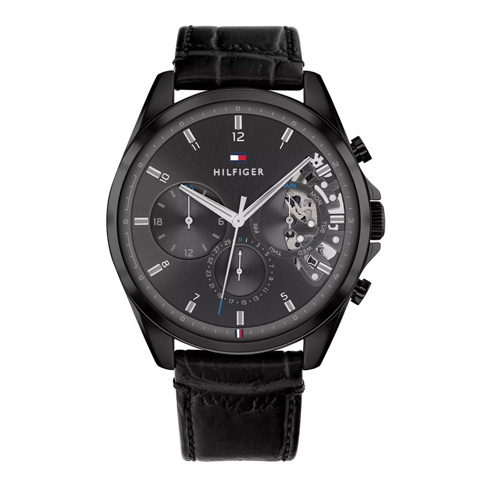 tommy-hilfiger-baker-herrenuhr-1710452-or-all-black-skelett-optik-or-schwarzes-gehause-and-lederarmband-markenuhren-jlr-design-1 - JLR Design