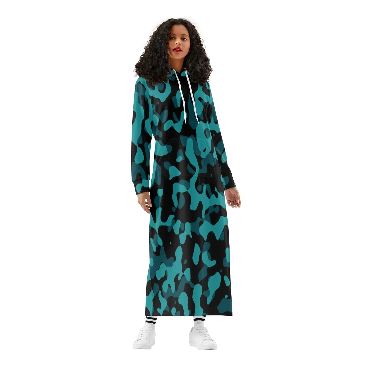 turkis-camouflage-damen-maxi-hoodiekleid-knochellanges-kapuzenkleid-aus-weich-angerautem-fleece-hoodiekleid-jlr-design-1 - JLR Design