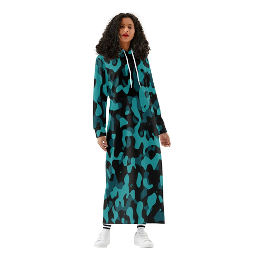 turkis-camouflage-damen-maxi-hoodiekleid-knochellanges-kapuzenkleid-aus-weich-angerautem-fleece-hoodiekleid-jlr-design-1 - JLR Design
