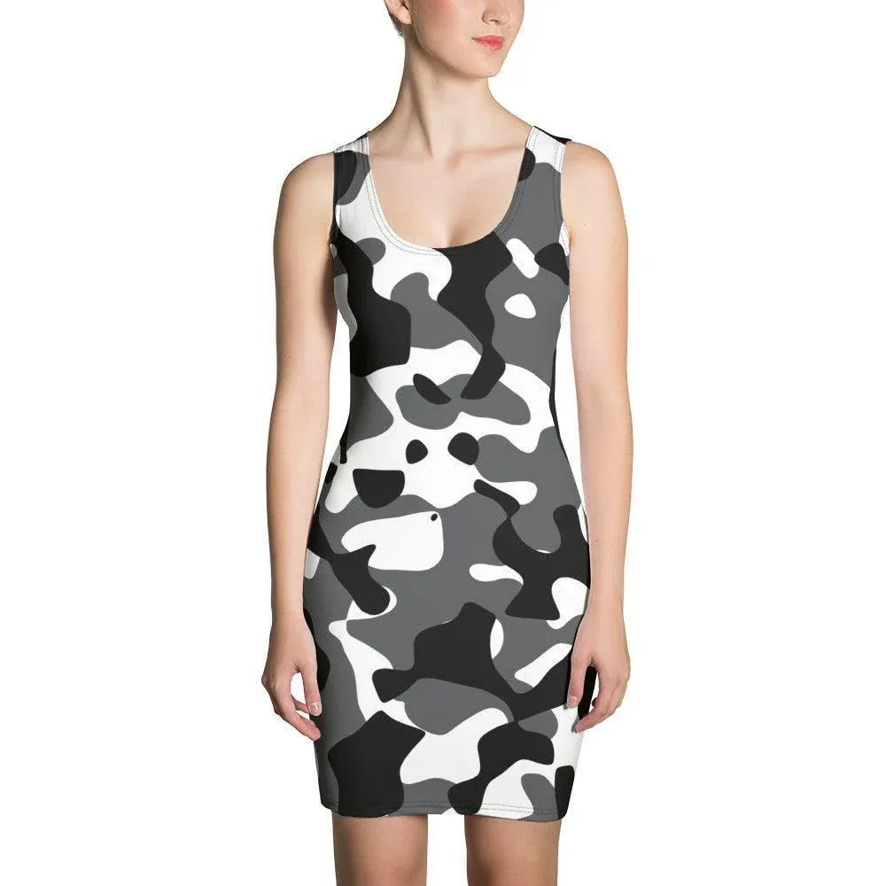 enganliegendes-schwarz-grau-weiss-camouflage-kleid-kleid-jlr-design-1 - JLR Design