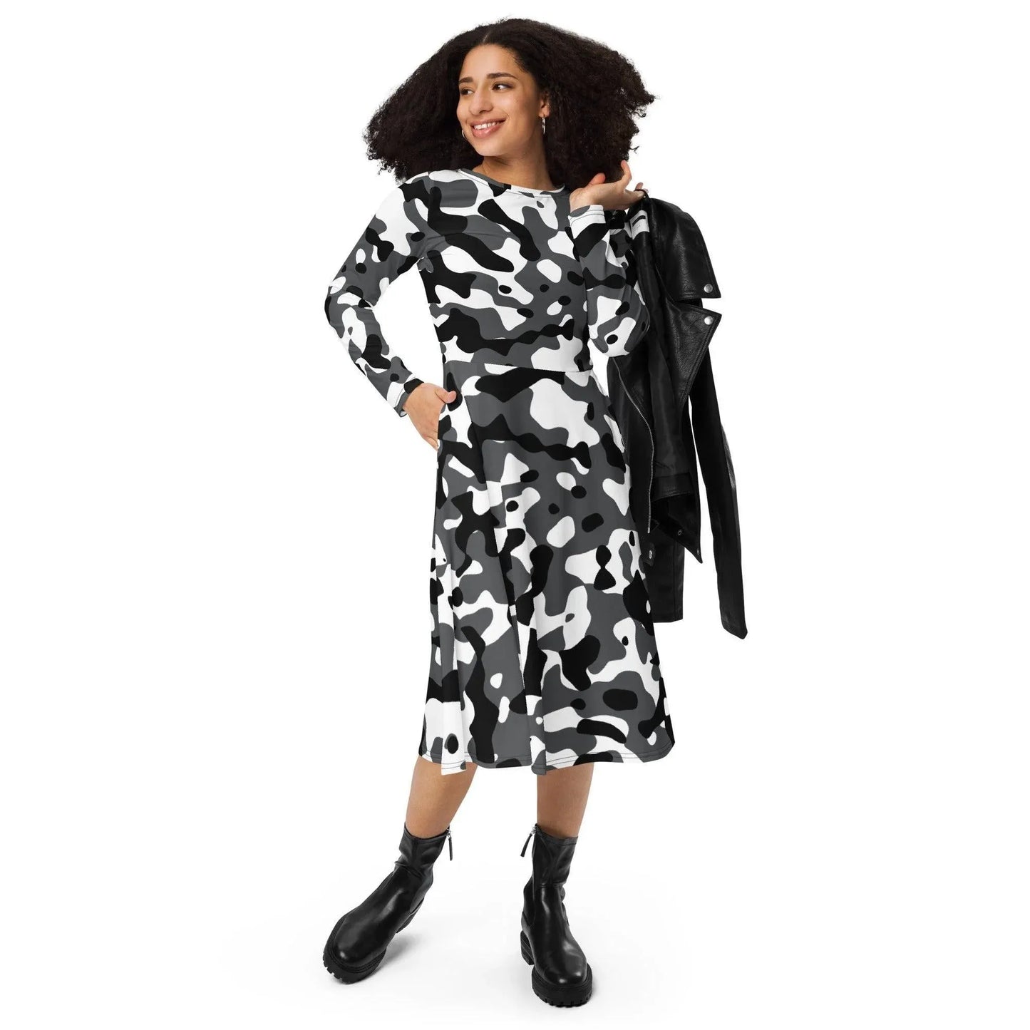 schwarz-grau-weiss-camouflage-langarmliges-midikleid-midikleid-jlr-design-1 - JLR Design