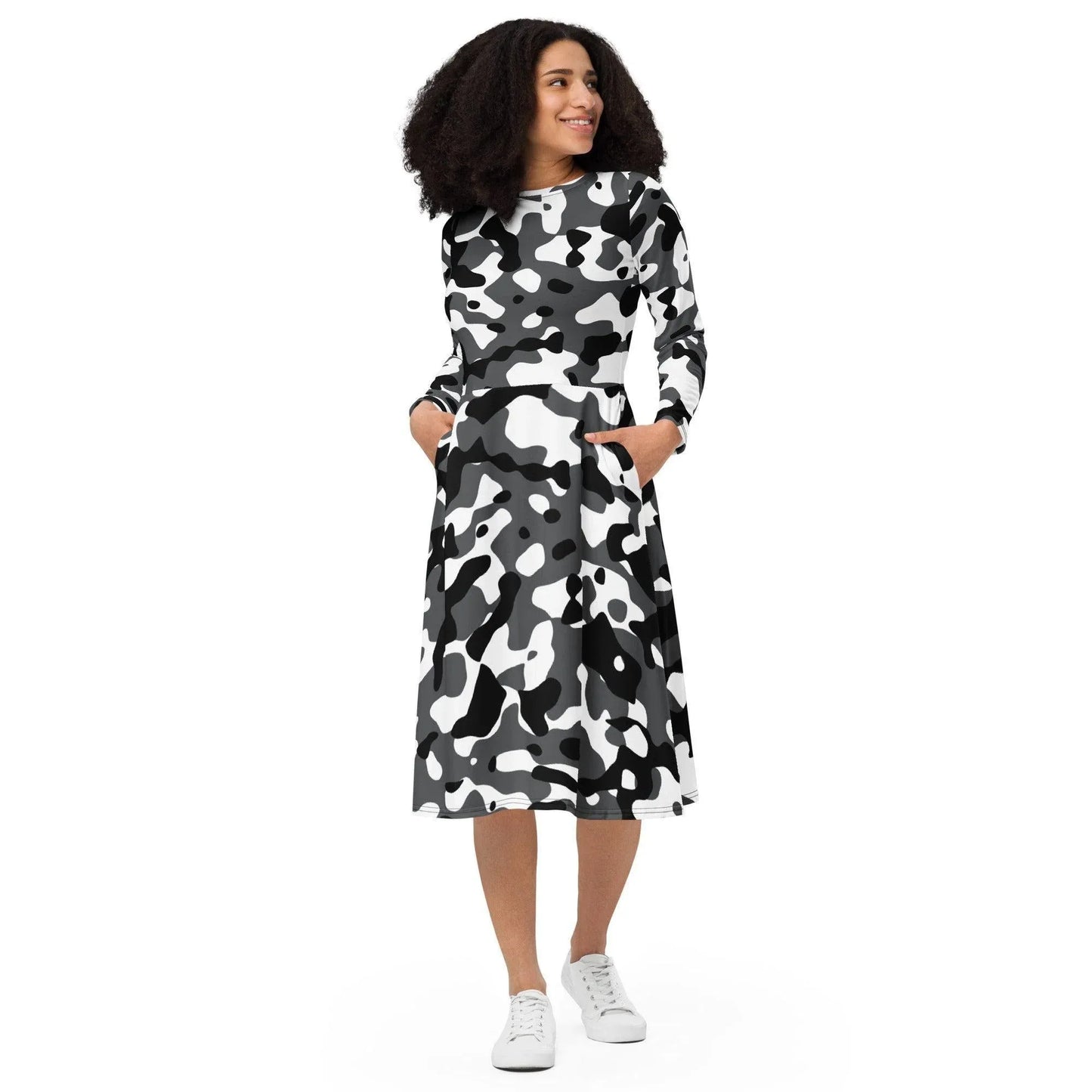 schwarz-grau-weiss-camouflage-langarmliges-midikleid-midikleid-jlr-design-2 - JLR Design