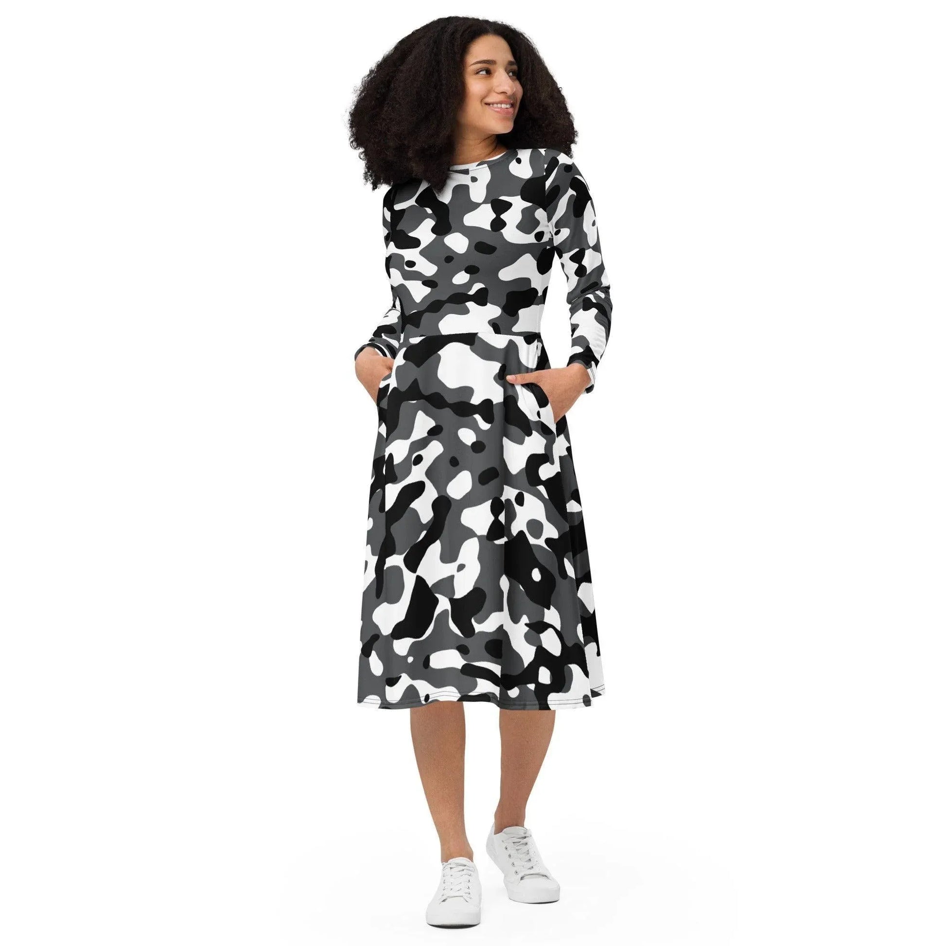 schwarz-grau-weiss-camouflage-langarmliges-midikleid-midikleid-jlr-design-2 - JLR Design