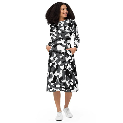 schwarz-grau-weiss-camouflage-langarmliges-midikleid-midikleid-jlr-design-2 - JLR Design