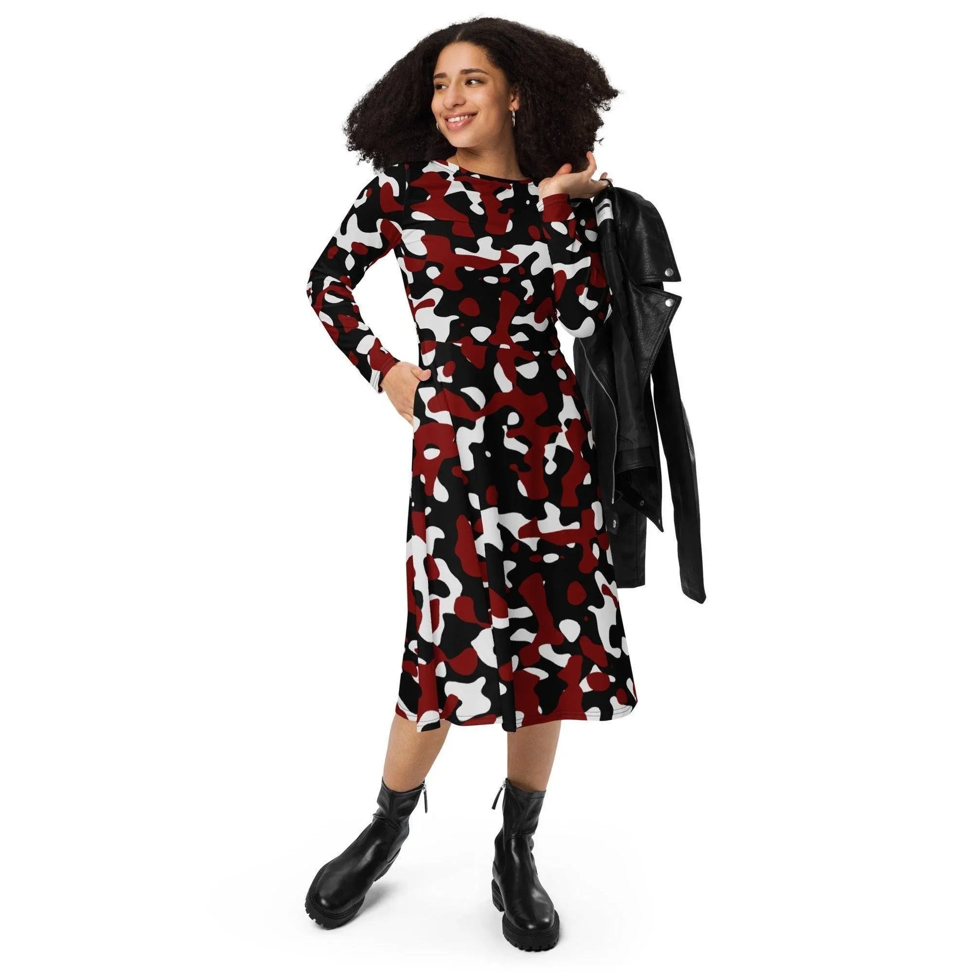 schwarz-rot-weiss-camouflage-langarmliges-midikleid-midikleid-jlr-design-1 - JLR Design